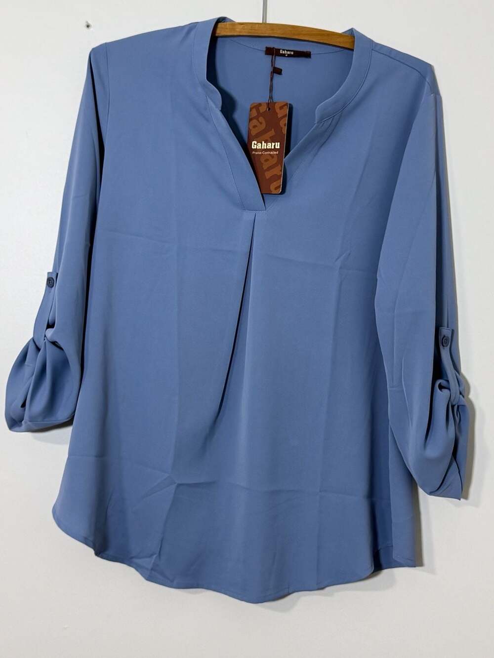 Gaharu Women's V-Neck Long Sleeve Blouse with Roll-Up Cuffs